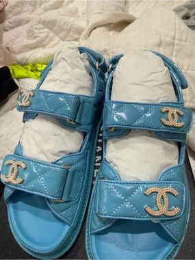 Inspired Quilted Patent Leather Sandals in Sky Blue with Pearl Logos